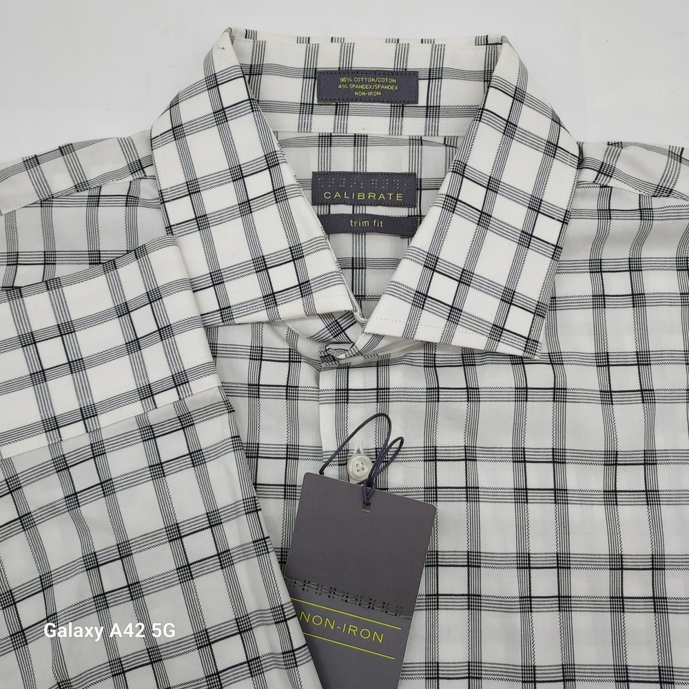 Calibrate Trim Fit Non Iron Plaid Dress Shirt Mens 16 34 35 White‎ Black